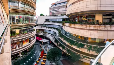an overhead view of a shopping mall between two buildings at Levent Apartments in Istanbul