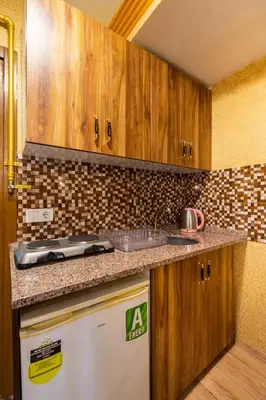 a kitchen with wooden cabinets and a sink and a dishwasher at Kervanchi in Istanbul