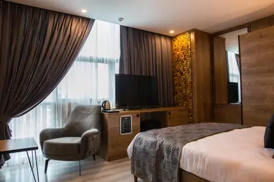 a hotel room with a bed and a tv and a chair at Hotel BFC Spa & Sport in Bursa