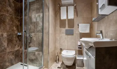 a bathroom with a shower and a toilet and a sink at Vitabella Suites in Istanbul