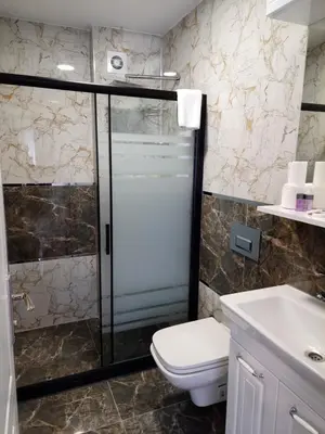 a bathroom with a shower and a toilet and a sink at Ararat Apart in Istanbul