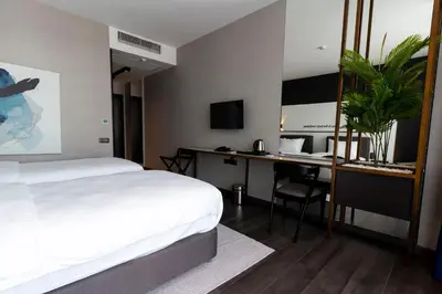 a hotel room with a bed and a desk at Hotel Bonvie in Sakarya
