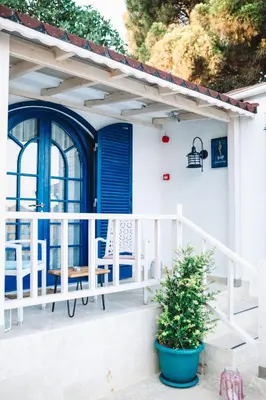 a porch with blue shutters and a potted plant at Büyükada Loc'ada in Adalar