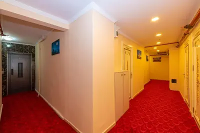 a hallway with red carpet and yellow walls at Avrupa Palace Hotel in Avcılar