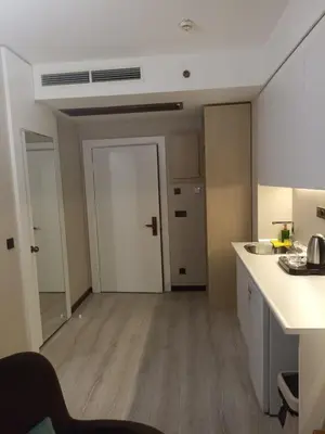 a room with a kitchen with a counter and a door at Doğan Palas Suites in Istanbul