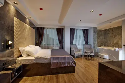 a bedroom with a large bed and a bath tub at The Bold Hotel in Istanbul
