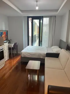 a bedroom with a bed and a couch and a table at Cosy Studio Flat -One Room in a new residence near Taksim in Istanbul