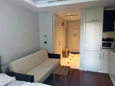 a living room with a couch and a kitchen at Cosy Studio Flat -One Room in a new residence near Taksim in Istanbul