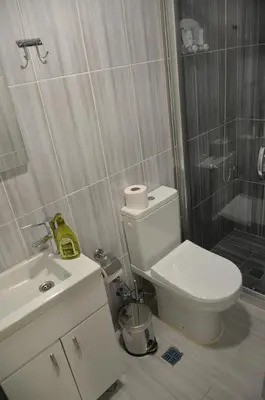 a bathroom with a toilet and a shower and a sink at Rodion Hotel in Istanbul