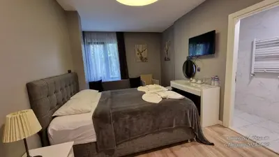 a bedroom with a bed and a bathroom with a shower at VESTA RESORT BUTİK HOTEL in Istanbul
