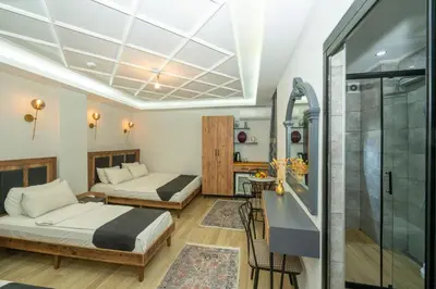 a hotel room with two beds and a shower at Valeria House in Istanbul