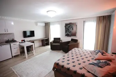 a bedroom with a bed and a desk and a television at Kubbe House in Istanbul