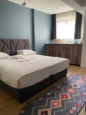 a bedroom with a large bed and a rug at Istanbul Hub Flats in Istanbul