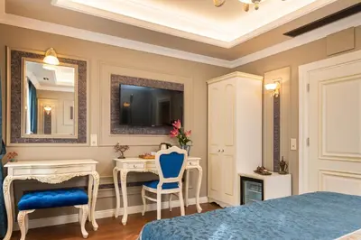 a bedroom with a bed and a desk and a tv at Begonville Mansion Oldcity in Istanbul