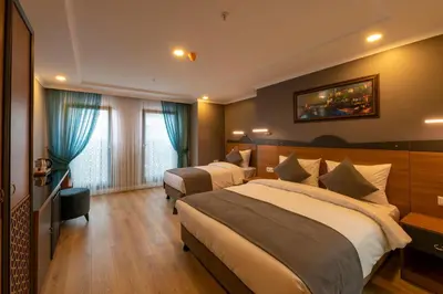 a hotel room with two beds and a television at New Emin Hotel in Istanbul