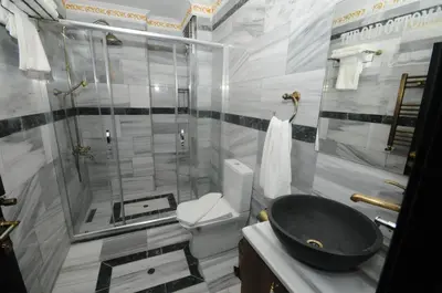 a bathroom with a shower and a sink and a toilet at The Old Ottoman Castle in Istanbul