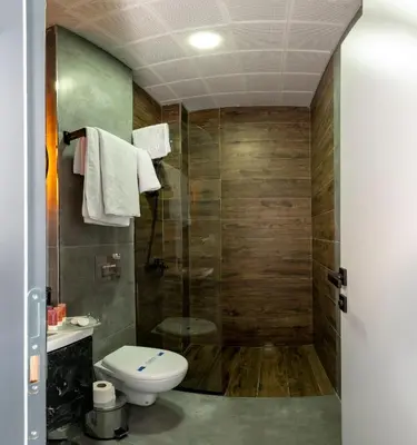 a bathroom with a toilet and a shower at Melanj Airport Hotel in Arnavutköy