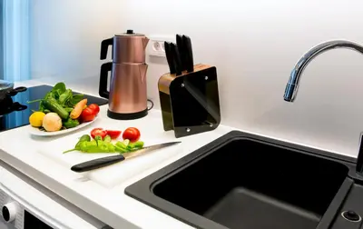 a kitchen counter with a sink and vegetables on a cutting board at Garlon Residence in Istanbul