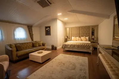 a living room with a bed and a couch at BANDIRMA PALAS OTEL in Bandırma