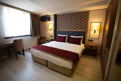 a hotel room with a large bed with red pillows at Beşiktaş Serenity Hotel in Istanbul
