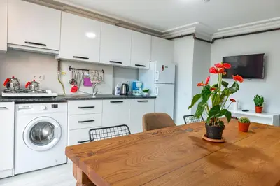 a kitchen with a wooden table and a washing machine at Dualis Hotel in Istanbul