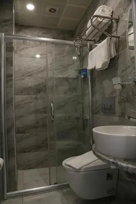 a bathroom with a shower and a toilet and a sink at ATİK HOTEL in Istanbul