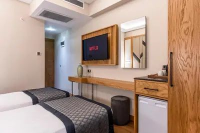 a hotel room with a bed and a tv on the wall at Endican Sultanahmet Hotel in Istanbul