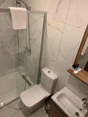 a bathroom with a shower and a toilet and a sink at Royal Residence Bursa in Bursa
