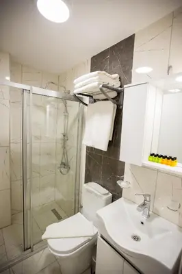 a bathroom with a shower and a toilet and a sink at Galapera Apartments in Istanbul