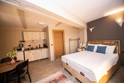a bedroom with a bed and a table and a kitchen at Galapera Apartments in Istanbul