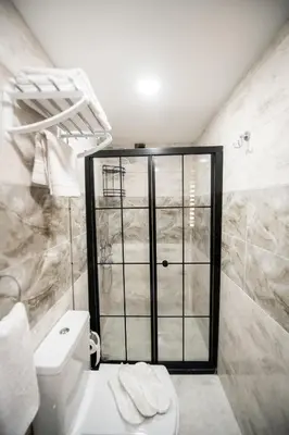 a bathroom with a toilet and a glass shower at Galapera Apartments in Istanbul