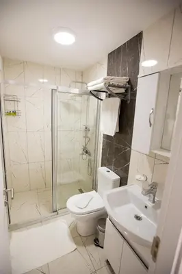a bathroom with a shower and a toilet and a sink at Galapera Apartments in Istanbul
