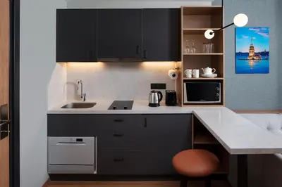 a kitchen with black cabinets and a sink at Residence Inn by Marriott Istanbul Atasehir in Istanbul