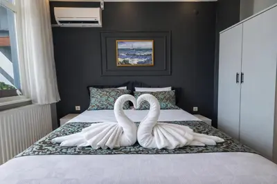 two swans are sitting on a bed at Alpacino Apart Hotel in Istanbul