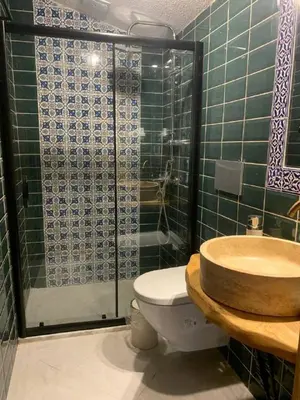a bathroom with a shower and a toilet and a sink at Sofia Konaklama in Istanbul