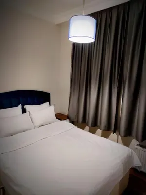 a bedroom with a white bed and a black curtain at Mimoza İstiklal Apart Hotel in Istanbul