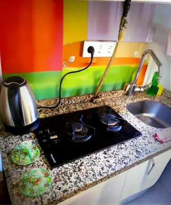 a kitchen counter with a stove and a sink at Mimoza İstiklal Apart Hotel in Istanbul