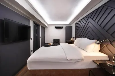 a bedroom with a large white bed and a flat screen tv at Xenia Hotel Istanbul in Istanbul