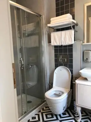a bathroom with a toilet and a shower at White Island Boutique Otel in Adalar