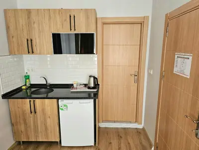 a small kitchen with a sink and a refrigerator at Grey House Apartments & Suites Istanbul in Istanbul