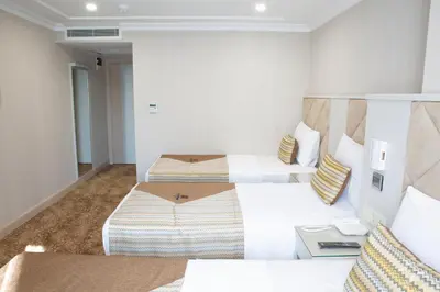 a hotel room with two beds and a couch at Alpinn Hotel DUE in Istanbul