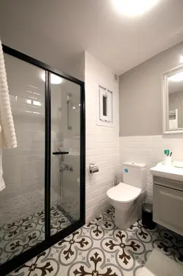 a bathroom with a shower and a toilet and a sink at Superior refurbished flat in the heart of Istanbul in Istanbul