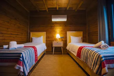 two beds in a room with wooden walls at Woodlodge Country Sapanca in Sapanca