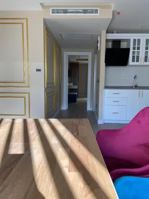 a living room with a purple rug and a kitchen at Ak residence in Istanbul