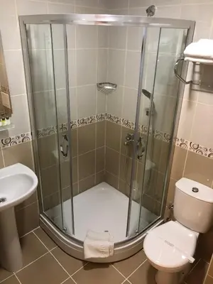 a bathroom with a shower with a toilet and a sink at ERA PALACE HOTEL B BLOK in Istanbul