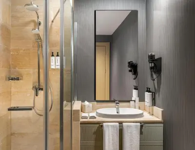 a bathroom with a sink and a mirror at Crowne Plaza Istanbul Tuzla Viaport Marina by IHG in Istanbul
