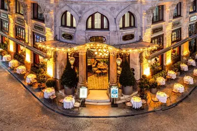 an aerial view of a restaurant in a building with tables at Cronton Design Hotel in Istanbul