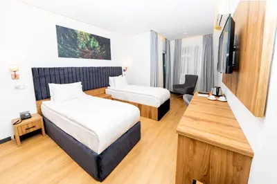 a hotel room with two beds and a flat screen tv at Business Life Hotel & SPA Bakırköy in Istanbul