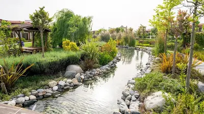 a river with rocks in a garden with a house at Mola İstanbul in Silivri