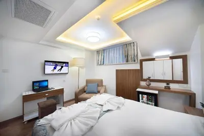 a bedroom with a bed and a desk and a television at Lika Hotel - Eco Double Room - Center Istanbul in Istanbul